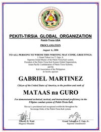 filipino fighting arts certificate